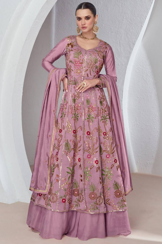 Lorenvalley Fashion Pink Viscose Silk Embroidery Work Gown Skirt Stitched | Swadesiicart