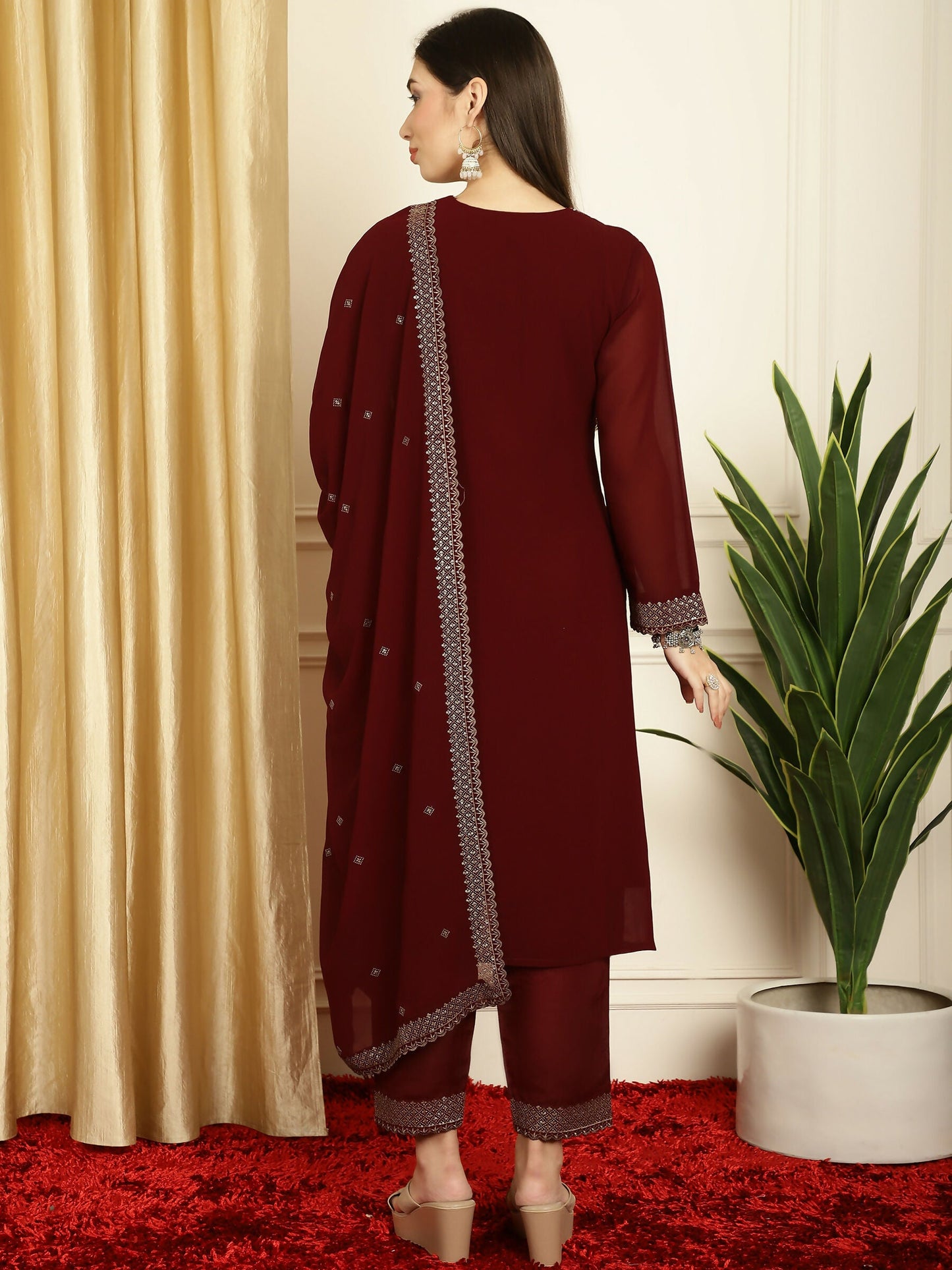 Jyoti Fashion Women's Maroon Georgette Resham Thread & Sequin Kurta with Trouser & Dupatta | Swadesiicart