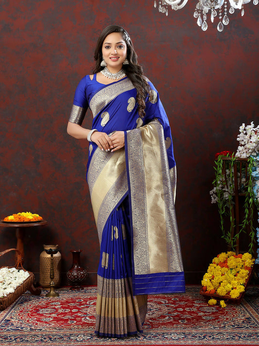 Lorenvalley Fashion Blue Soft Silk Woven Design Gold Zari Weaving Saree - Swadesiicart