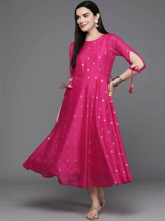 Ahalyaa Women Foil Printed A-Line Midi Ethnic Dress - Pink Color | Swadesiicart