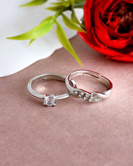 VOJ Stainless Steel Cubic Zirconia Silver Plated Adjustable Ring Set for Couple | Swadesiicart