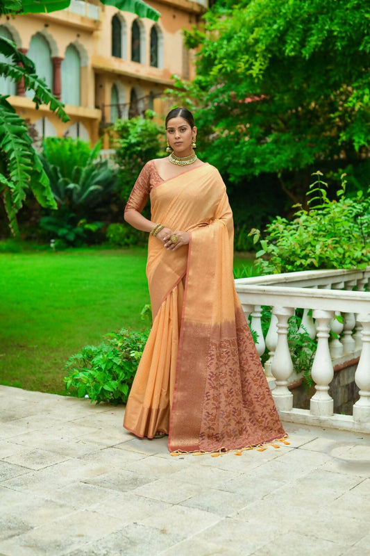 Vishnu Weaves Women's Peach Linen Cotton Bandhani Woven Saree with Blouse - Swadesiicart