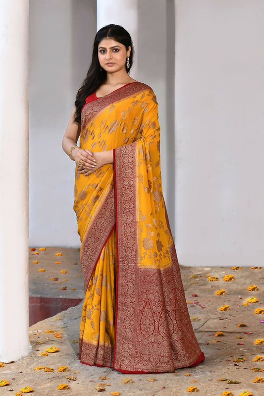 Joban Fashion Yellow Crepe Chiffon Pure Handloom Banarasi Silk Saree | Swadesiicart