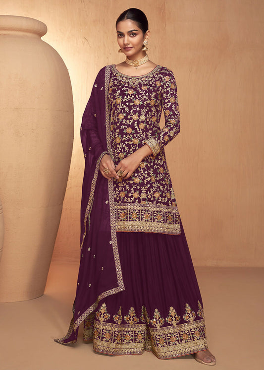 Wine Real Chinnon Embroidered Wedding Festive Palazzo Suit - Emponline | Swadesiicart