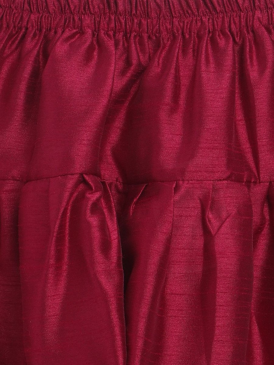 Ahalyaa Boys Wine Poly Silk Gold Printed Kids Kurta Churidar Set | Swadesiicart