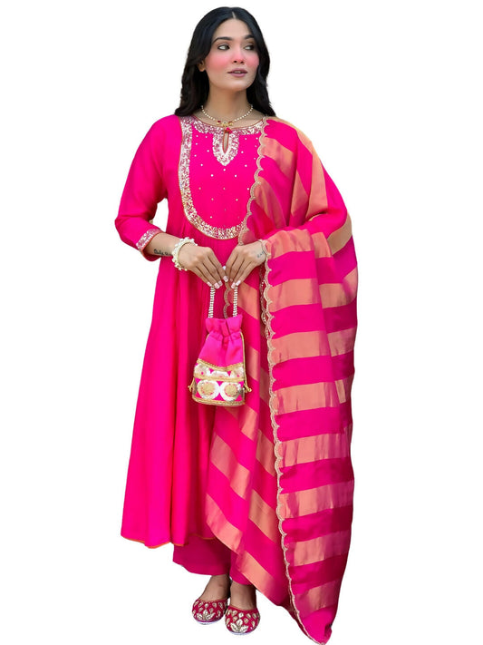 The52 Rani Women's Gorgeous Embroidered Work Chanderi Fabric Flared Kurta Pant and Dupatta Set - Swadesiicart