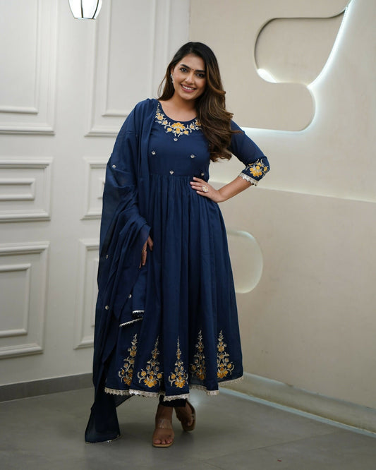 The52 Blue Women's Gorgeous Viscose Fabric Embroidered Work Flared Kurta Pant and Dupatta Set - Swadesiicart