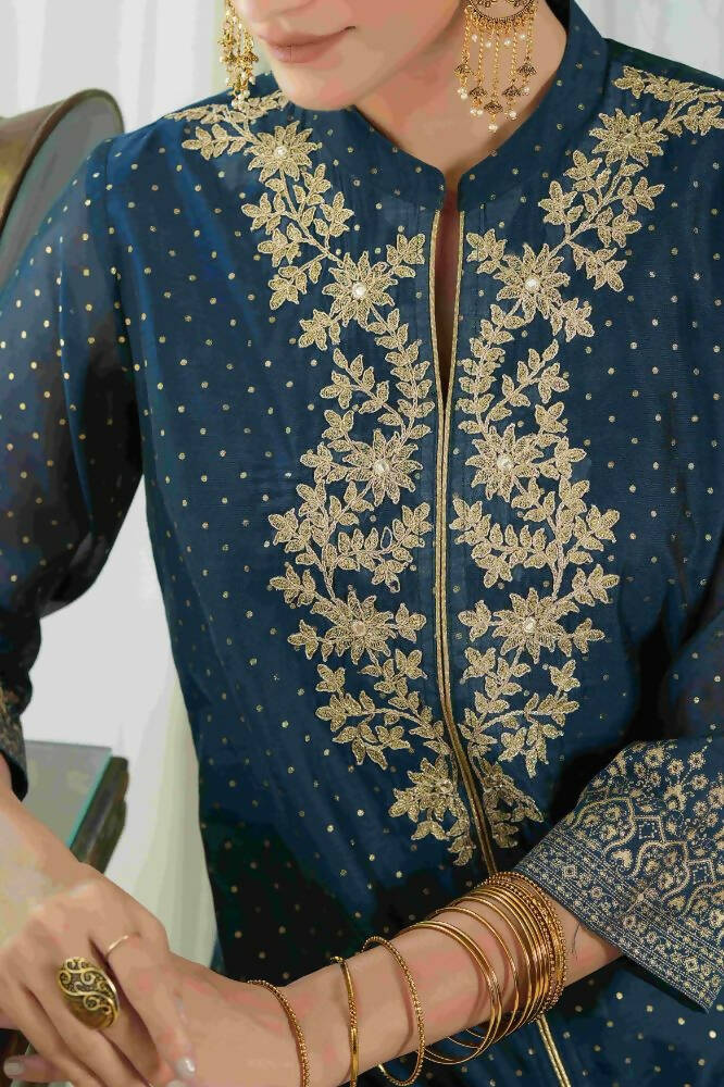 Juniper Blue Chanderi Festive Embroidered Polka Dot Printed A-Line Kurta For Women | Swadesiicart