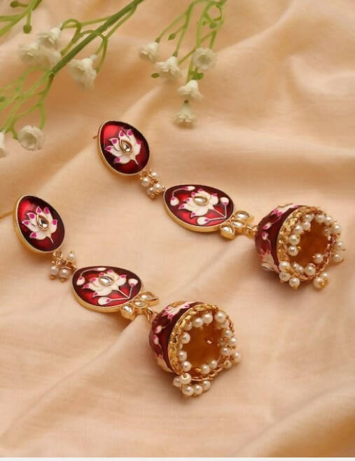 Alloy Base Metal Gold-Toned Kundan Oval Jhumkas Earrings for Women & Girls By House of Ree - House of Ree