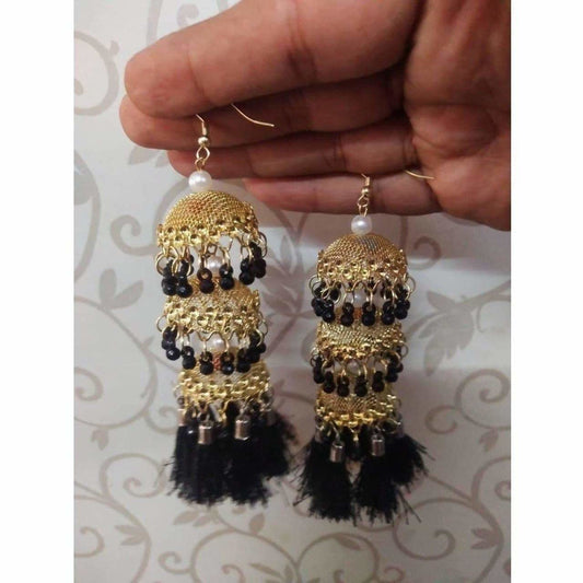 MS Fashion India Latkan Gold Color Jhumkas With Black Color Beads And Silk Threads | Swadesiicart