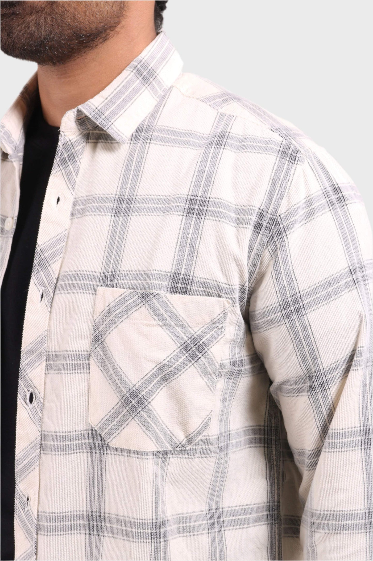 Jonesburg Off White Checks Fine Corduroy Regular Fit Shirt | Swadesiicart