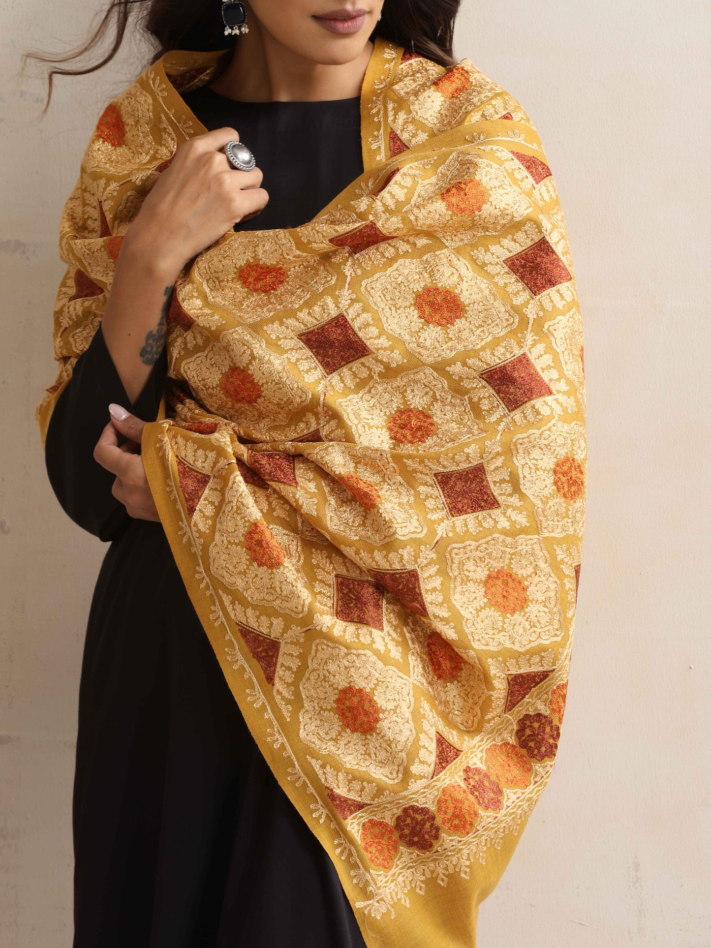 trueBrowns Mustard Embroidered Woollen Stole | Swadesiicart