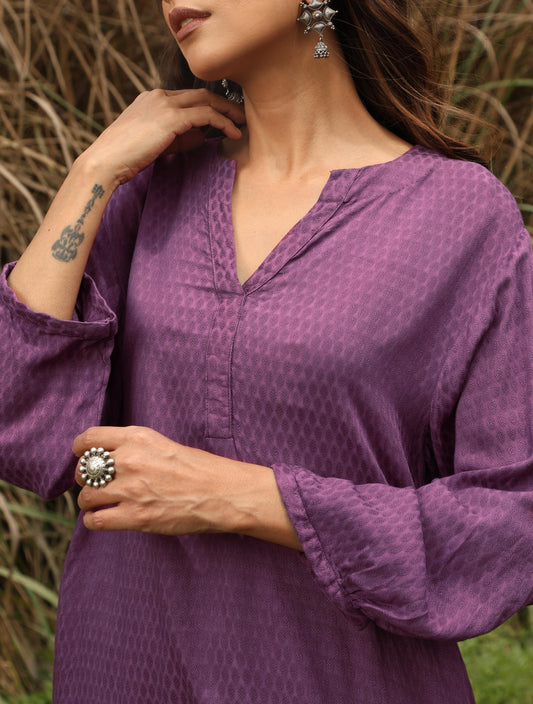 trueBrowns Purple Viscose Dobby Relaxed Co-ord Set - Swadesiicart