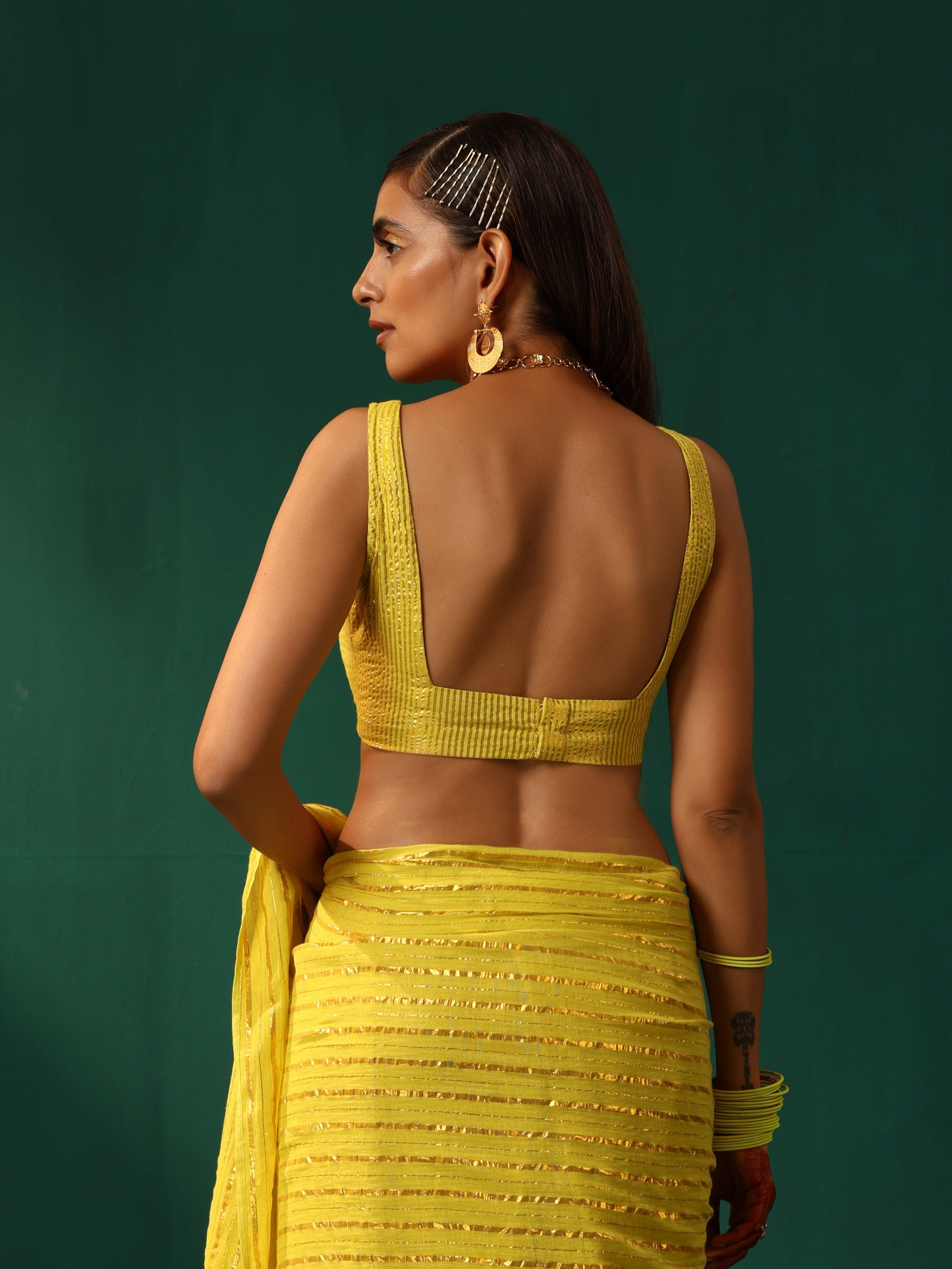 trueBrowns Lime Cotton Gold Lurex Scoop Neck Sleeveless Blouse | Swadesiicart