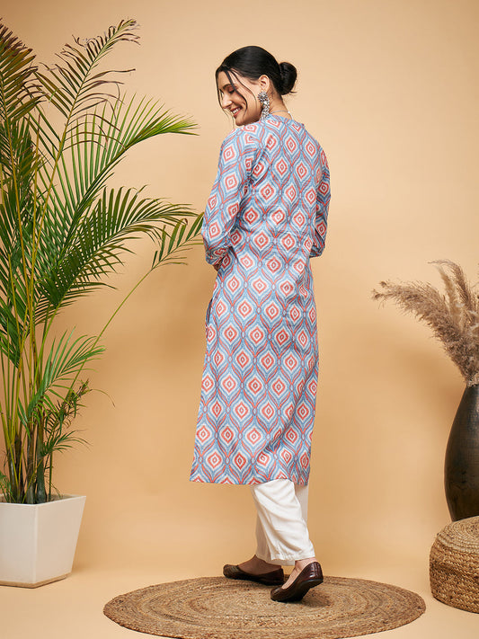 InWeave Women's Blue Pink Print Angrakha Style Straight Kurta Pant Set - Swadesiicart
