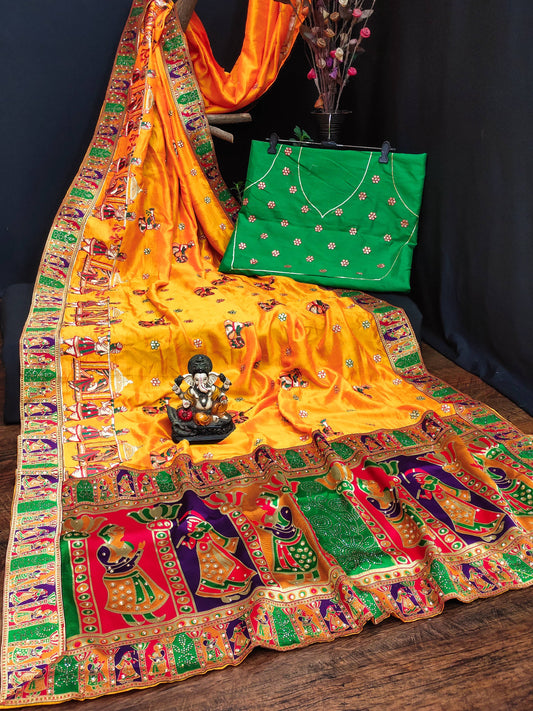 Lorenvalley Fashion Premium Yellow Vichitra Silk Embroidery and Diamond work Both Side Saree - Swadesiicart