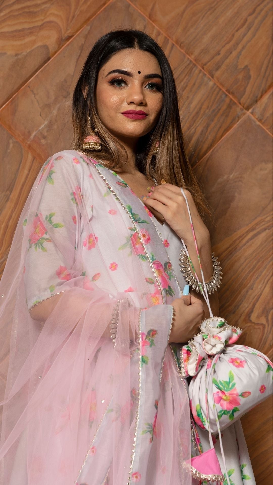 Pomcha Jaipur Flamingo Chandheri Anarkali Set | Swadesiicart