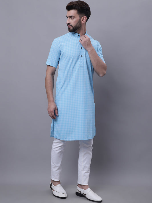 Even Apparels Blue Pure Cotton Short Sleeves Kurta With Band Collar | Swadesiicart