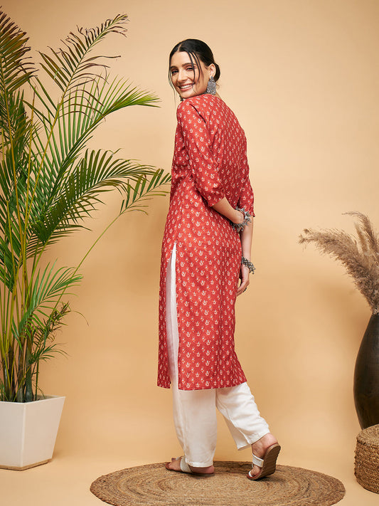 InWeave Women's Rust Small Floral Print Lace Straight Kurta Pant Set - Swadesiicart