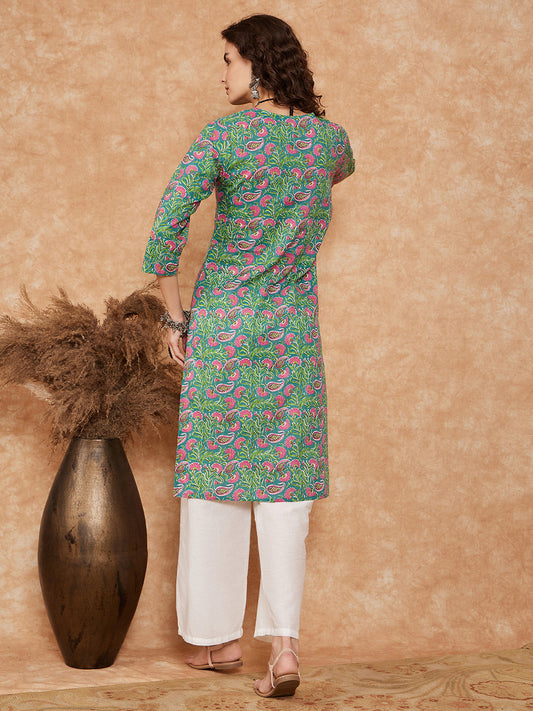 InWeave Women's Sea Green Pink Lace Gota Work Straight Kurta - Swadesiicart