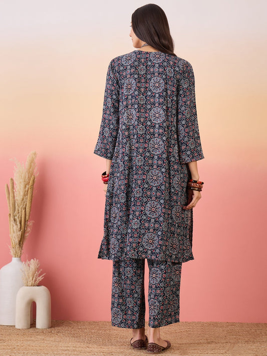 InWeave Navy Maroon Ajrakh Foil V Neck Kurta Pant Set - Swadesiicart