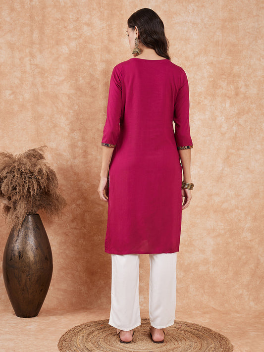 InWeave Women's Wine Printed Neck Patch Work Straight Kurta - Swadesiicart
