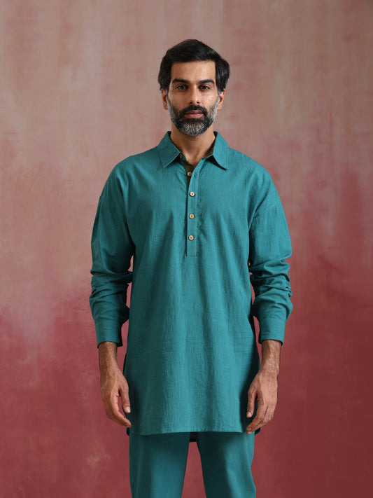 trueBrowns Men's Teal Cotton Shirt Collar Stylized Kurta Co-ord set - Swadesiicart