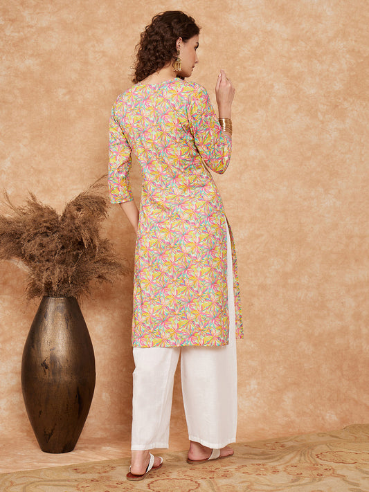 InWeave Women's Multi Floral Painted Alia Lace Work Straight Kurta - Swadesiicart