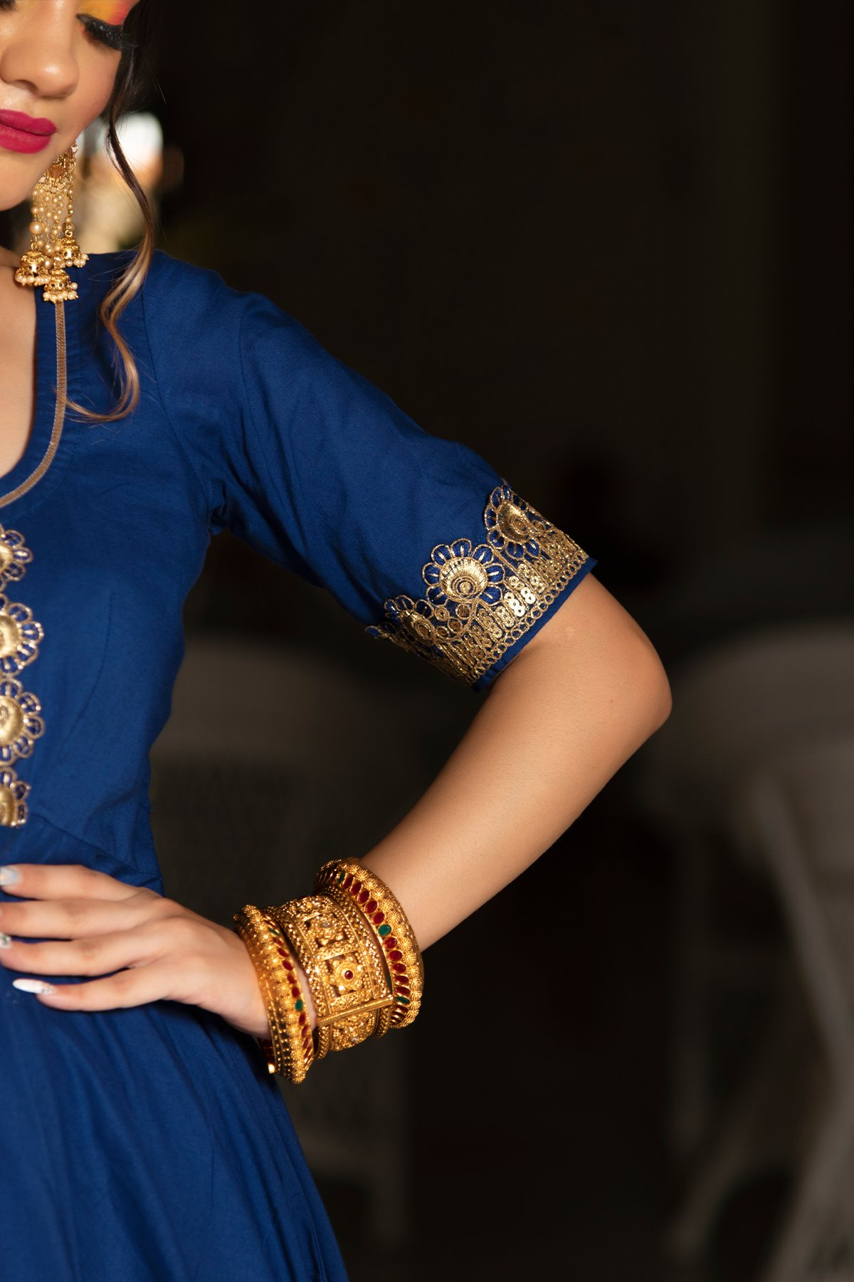 Pomcha Jaipur Minakari Blue Anarkali Set | Swadesiicart