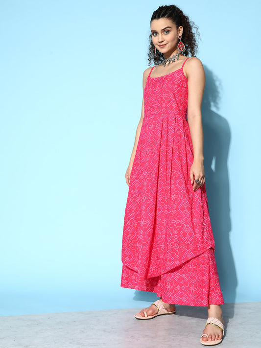 InWeave Women's Pink Bandhani Strappy Kurta Set - Swadesiicart