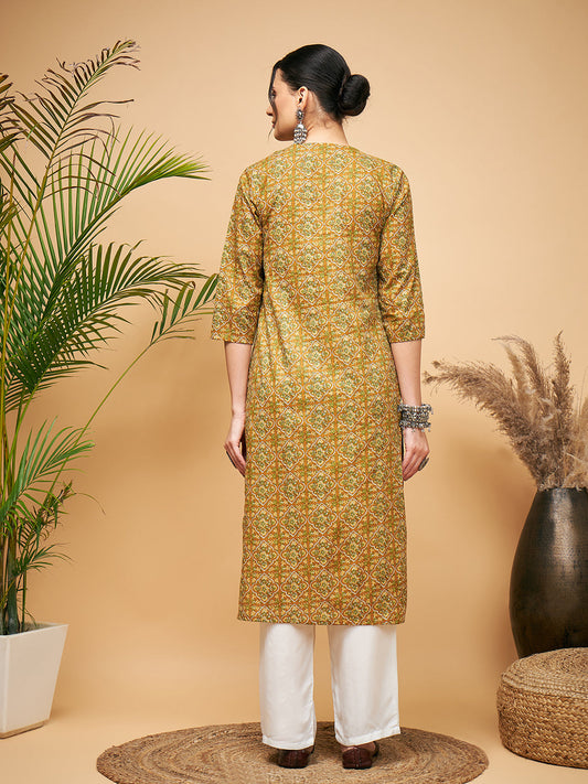 InWeave Women's Olive Ajrakh Print Cotton Patch Work Straight Kurta Pant Set - Swadesiicart