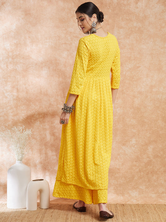 InWeave Women's Butter Yellow Chikankari Long Anarkali Kurta Sharara Set - Swadesiicart