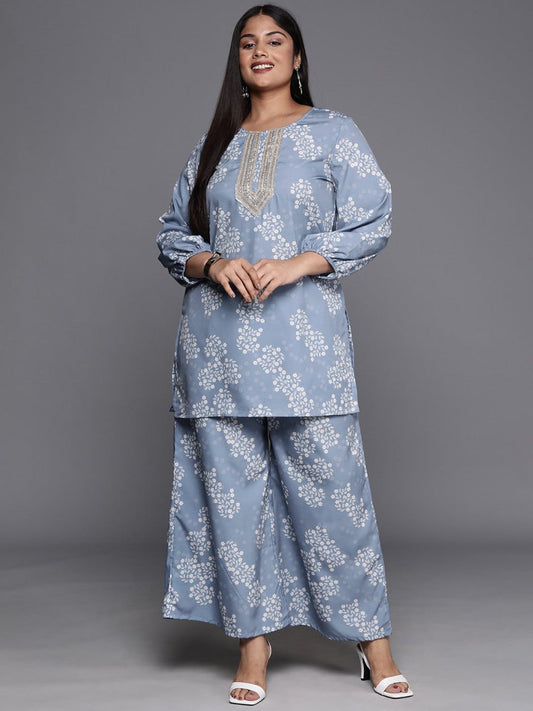 Ahalyaa Plus Size Floral Print Zari Ethnic Tunic with Palazzos | Swadesiicart
