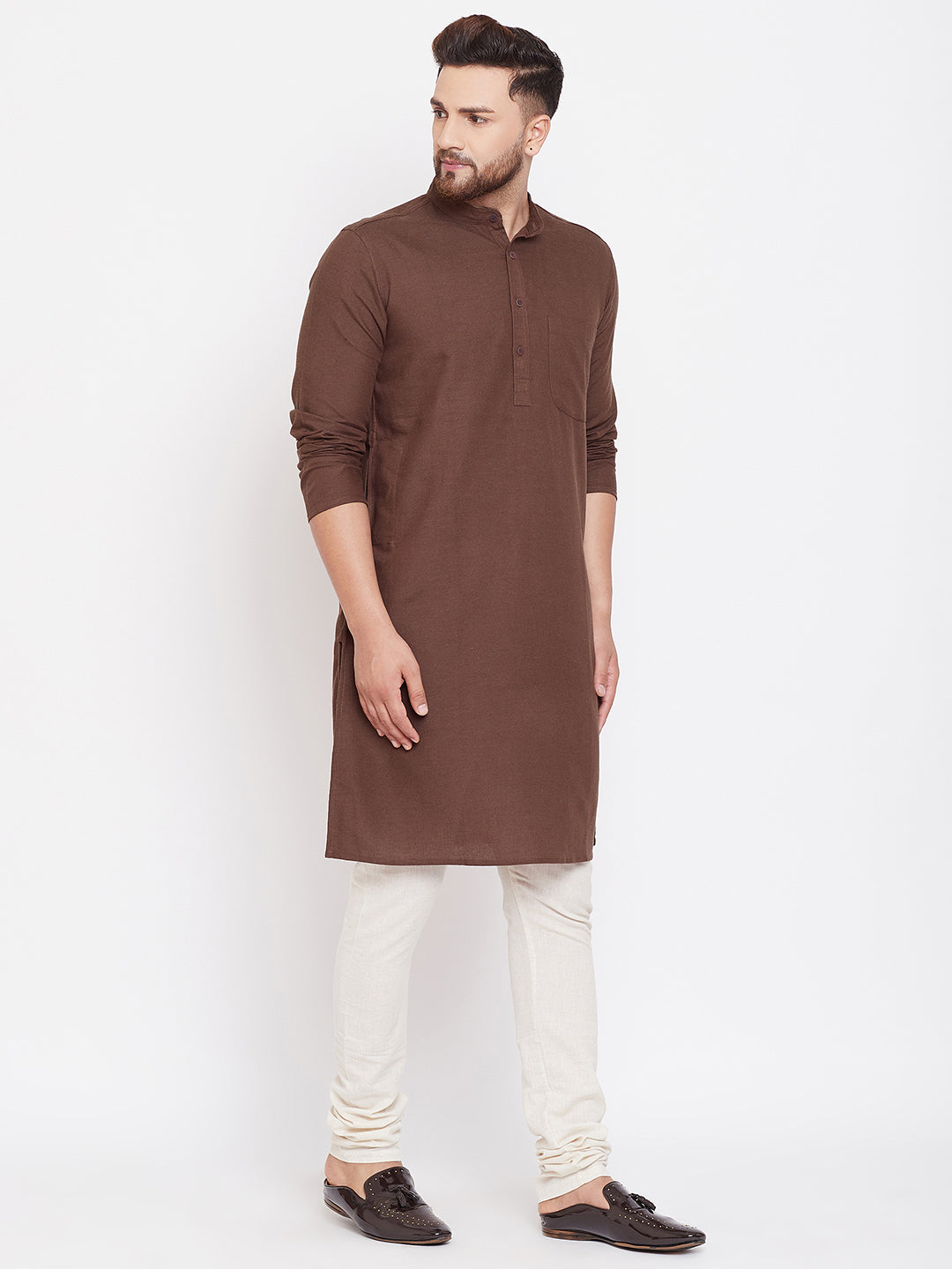 Even Apparels Brown Solid Kurta With Band Collar | Swadesiicart