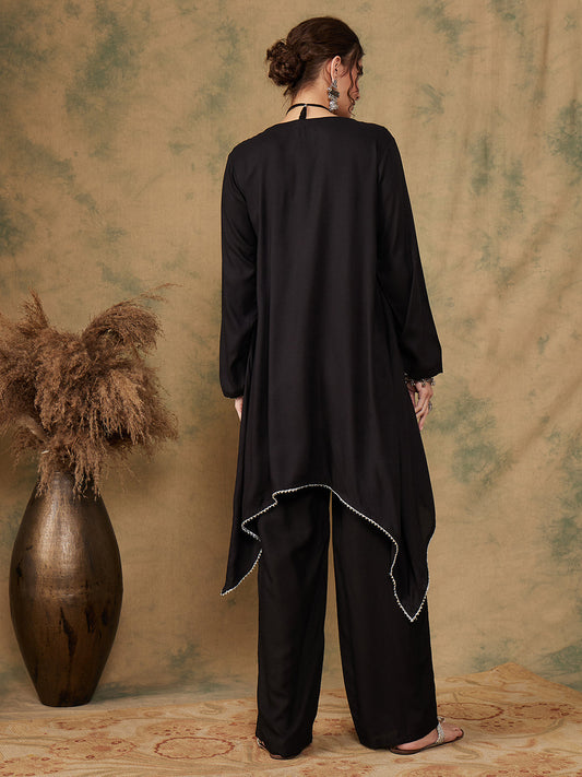 InWeave Women's Black Trangle Maroon Patch Work Assymentrical Kurta Set - Swadesiicart