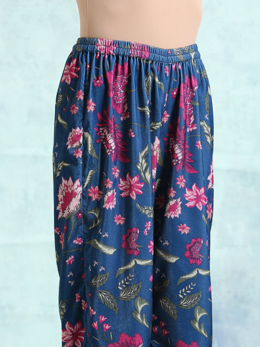 trueBrowns Blue Printed Velvet Pant | Swadesiicart