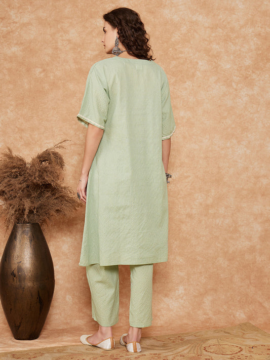 InWeave Women's Sage Green Kantha Lace Wrok Kimono Sleeve Kurta Set - Swadesiicart