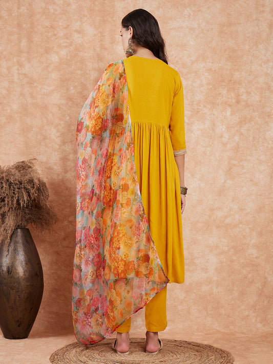 InWeave Women's Mustard Alia Neck Style Gota Set W Organza Dupatta - Swadesiicart