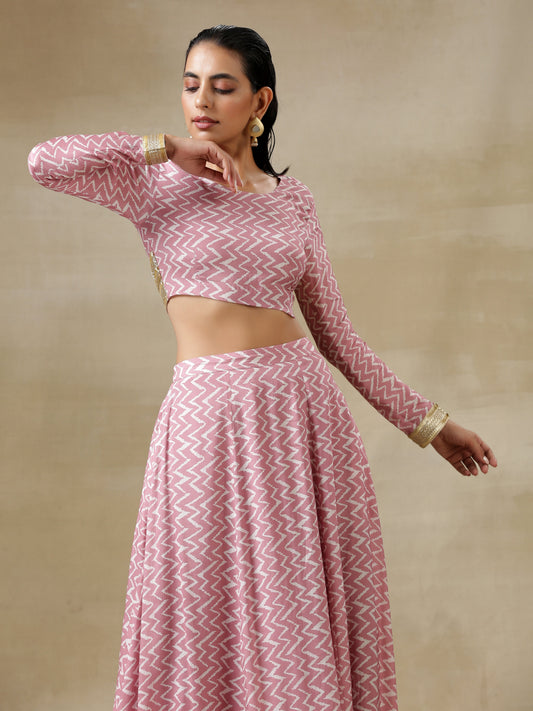 trueBrowns Light Mauve Bandhani Printed Silk Top Skirt Set - Swadesiicart