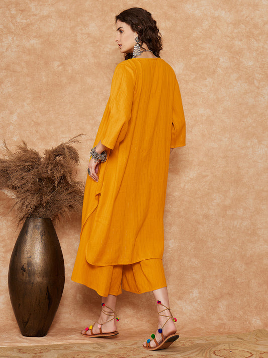 InWeave Women's Mustard Lurex Flared V Neck Kurta Palazzo Set - Swadesiicart