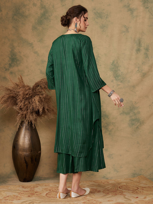 InWeave Women's Pine Green Lurex Flared V Neck Kurta Palazzo Set - Swadesiicart