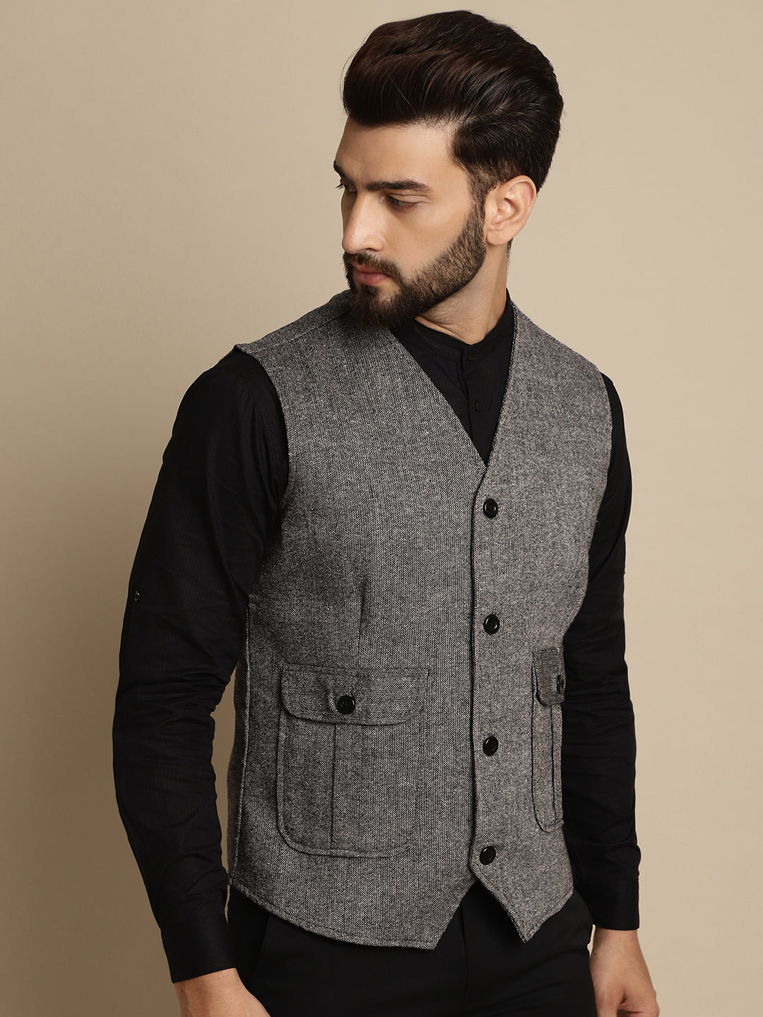 Even Apparels Men's Black Woolen Waistcoat With Patch Pocket | Swadesiicart