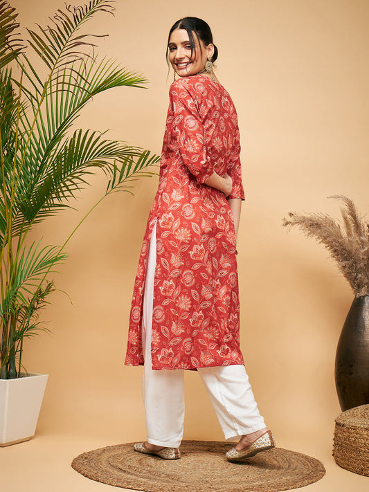 InWeave Women's Rust Paisley Print Gota Straight Kurta Pant Set - Swadesiicart