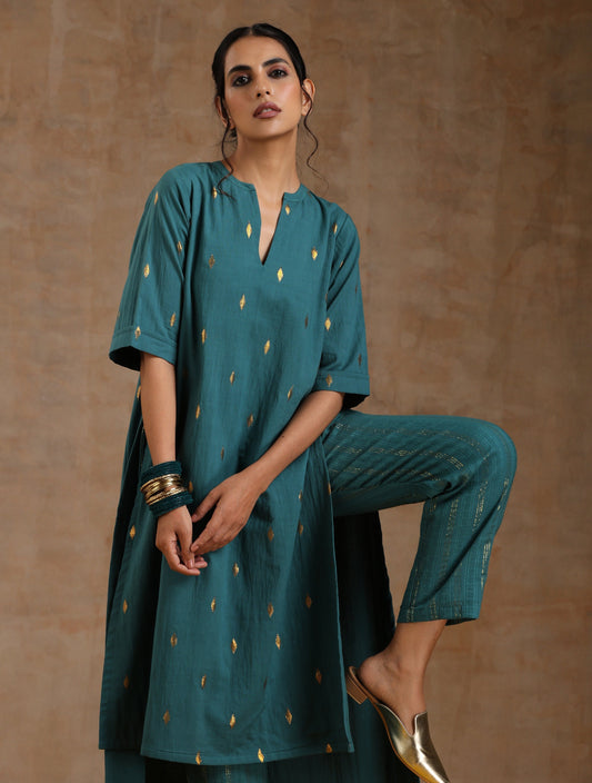 trueBrowns Deep Sea Gold Cotton Relaxed High-Low Kurta Set | Swadesiicart