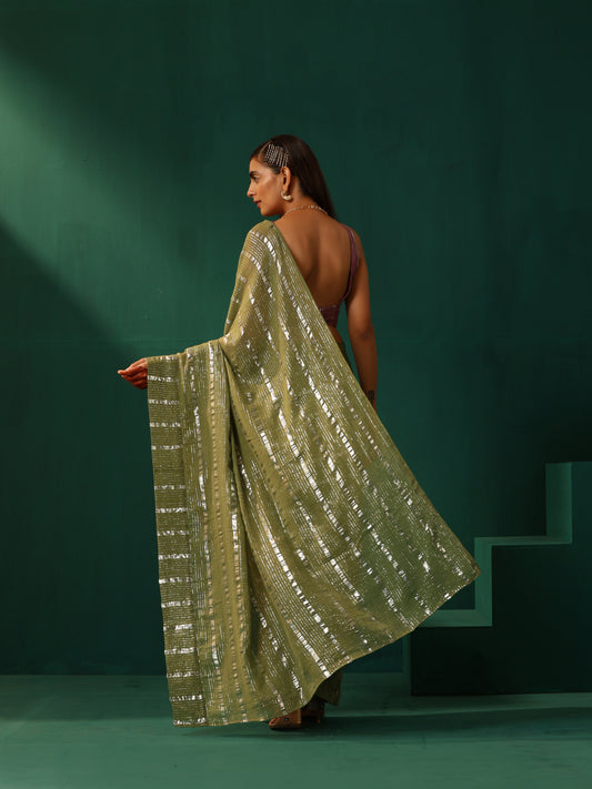 trueBrowns Sage Green Cotton Silver Lurex Striped Ready to Wear Saree | Swadesiicart