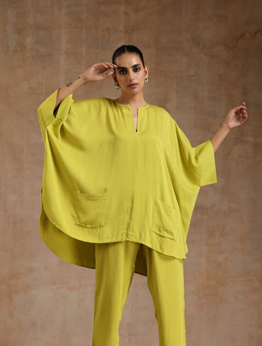 trueBrowns Lime Modal Satin Boxy Fit High-Low Co-Ord Set - Swadesiicart
