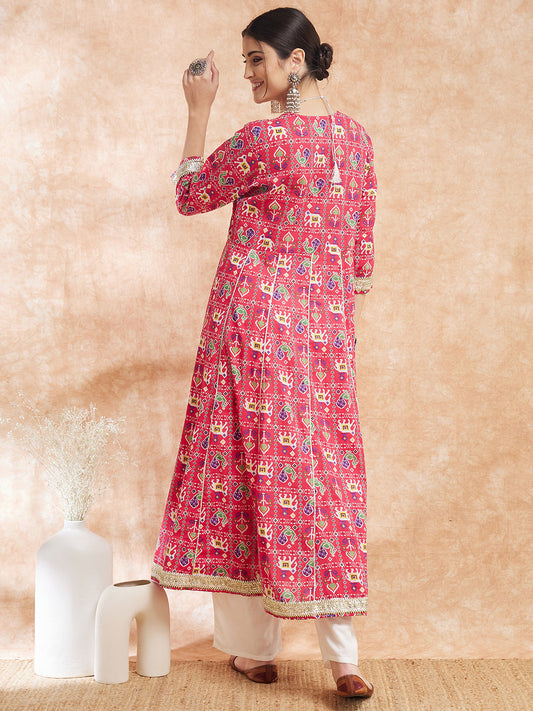 InWeave Women's Pink Patola Printed Gota Embroidered Anarkali Kurta - Swadesiicart