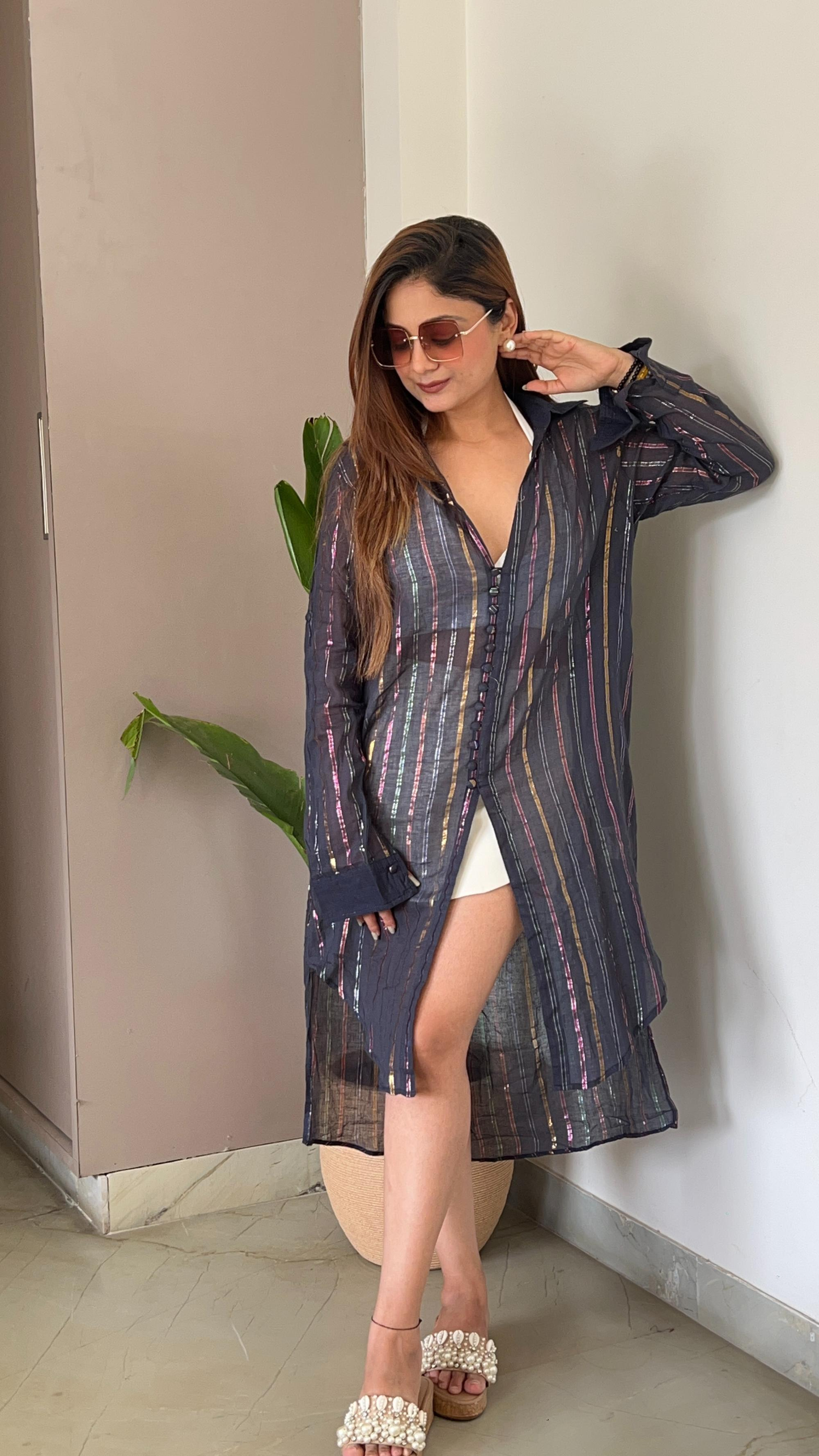 Noroke Organic Cotton Multi Color Lurex Beachwear Shirt | Swadesiicart
