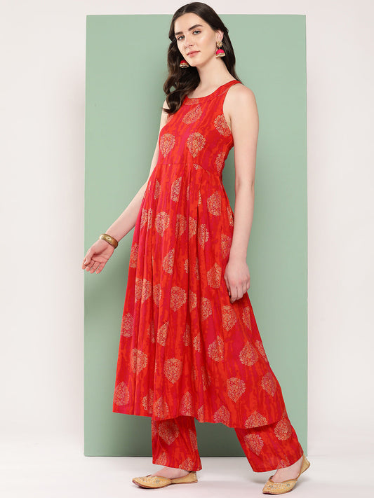 InWeave Women's Rust Mughal Print Raisa Back Detial Long Coords Set - Swadesiicart