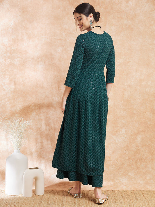 InWeave Women's Forest Green Chikankari Long Anarkali Kurta Sharara Set - Swadesiicart